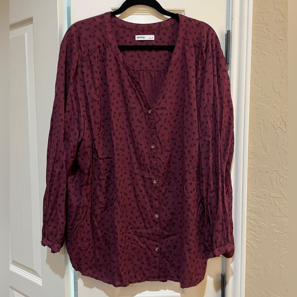 Sonoma maroon shirt with small black floral print.